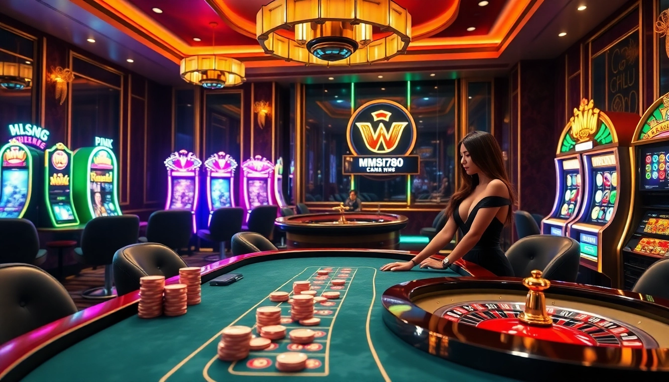 Engaging gambling action at https://mm88.forex/ with a stylish poker table and vibrant slot machines.