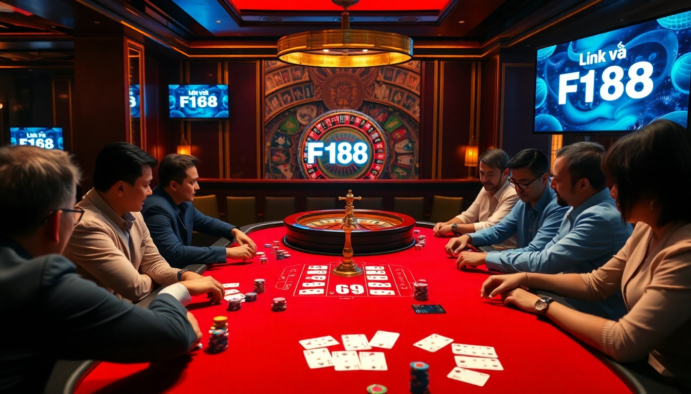 Experience the thrill of "Link vào F168" with players engaged at a luxurious casino table.