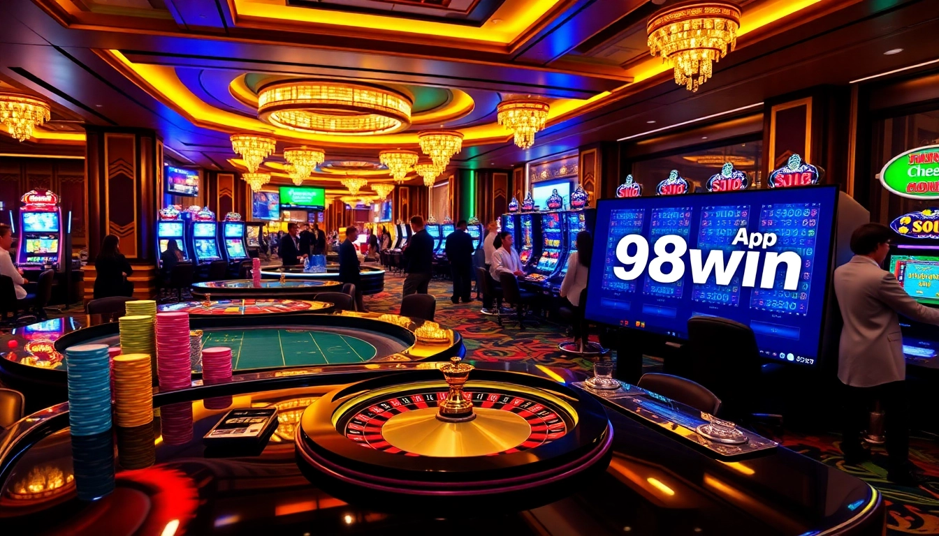 Experience the excitement of app 98win through vibrant casino visuals of slot machines and poker chips.