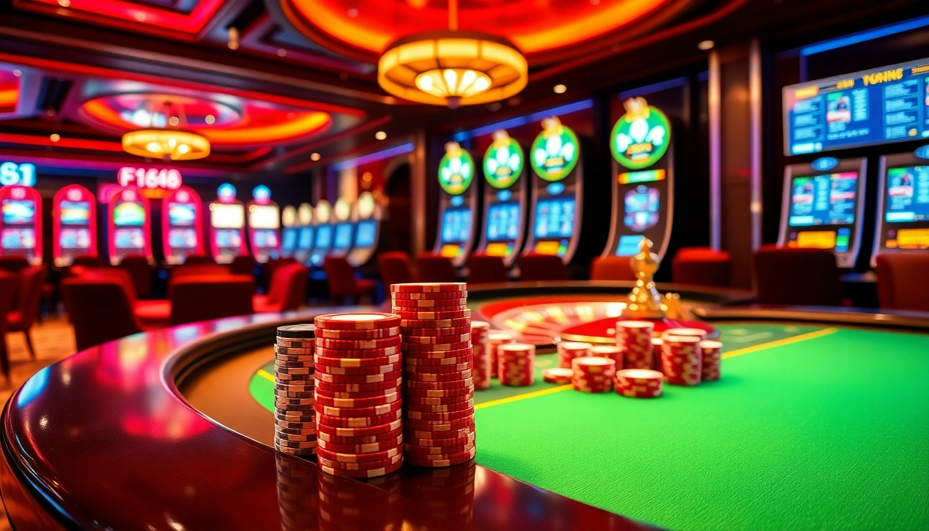 Experience thrilling casino action at F168 with vibrant poker chips and roulette wheels.