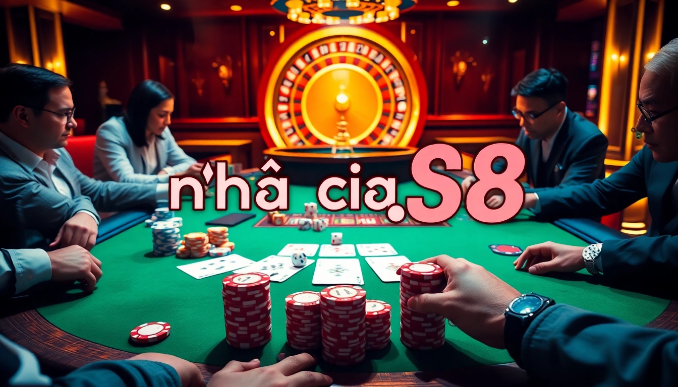 High-stakes poker table featuring intense gameplay and vibrant poker chips, showcasing nhà cái s8.
