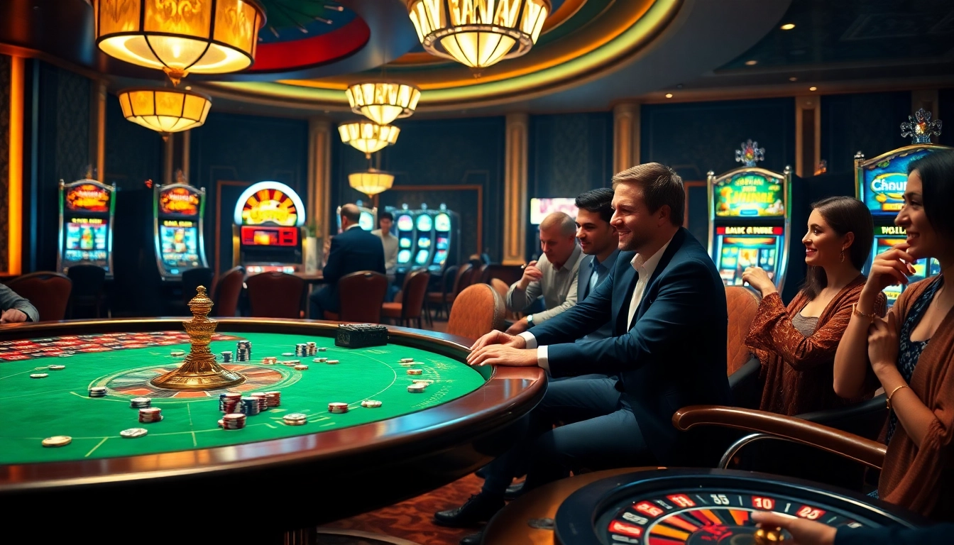 KJC casino scene with players engaging at poker tables and vibrant slot machines.