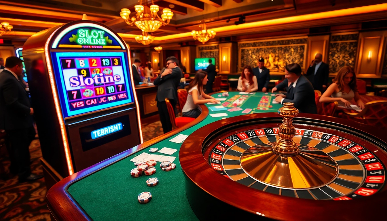 Experience Slot Online Terpercaya excitement at an upscale casino with vibrant slot machines and roulette.
