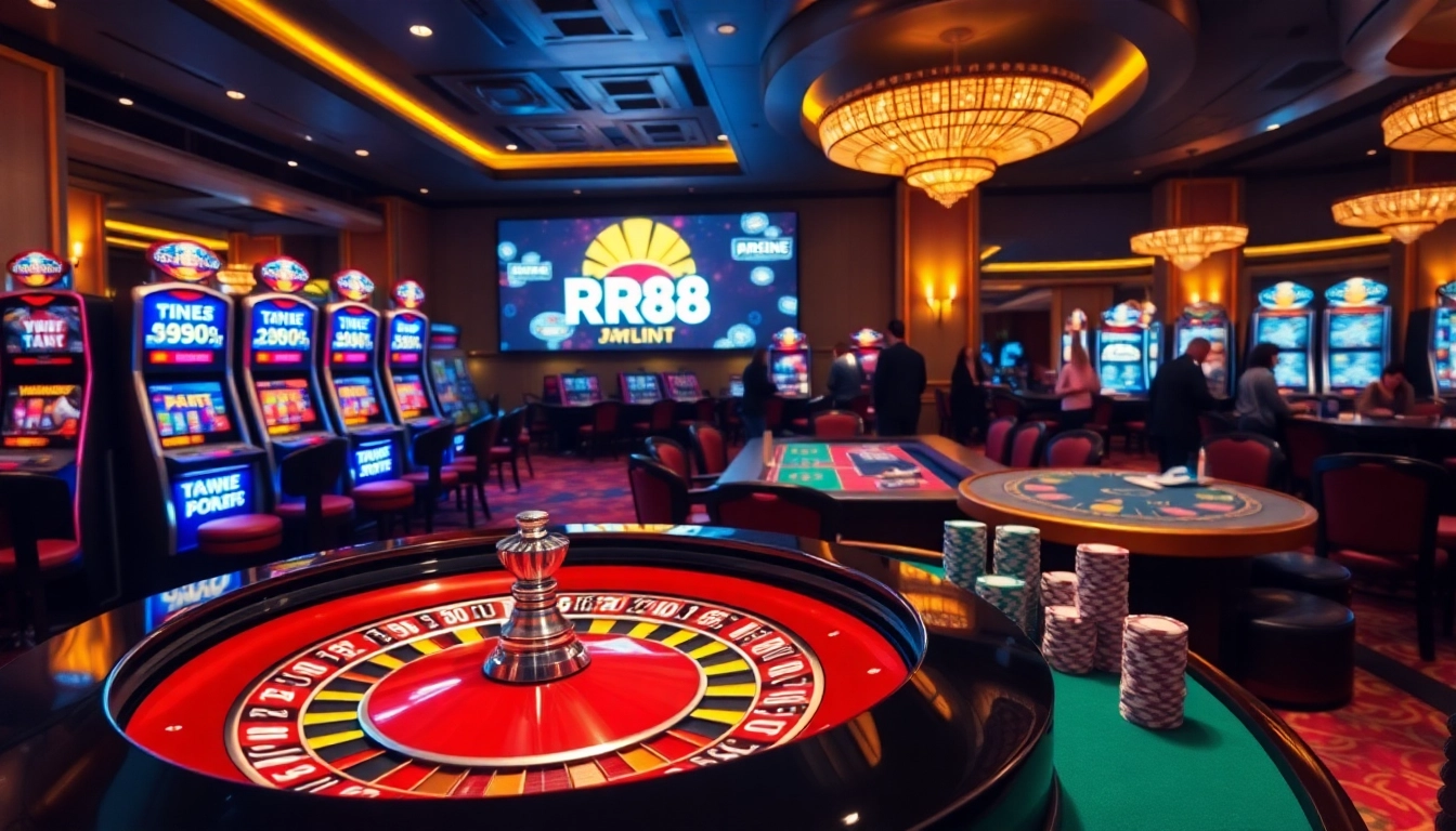 Players enjoying a vibrant RR88 casino experience with roulette, slot machines, and poker chips.