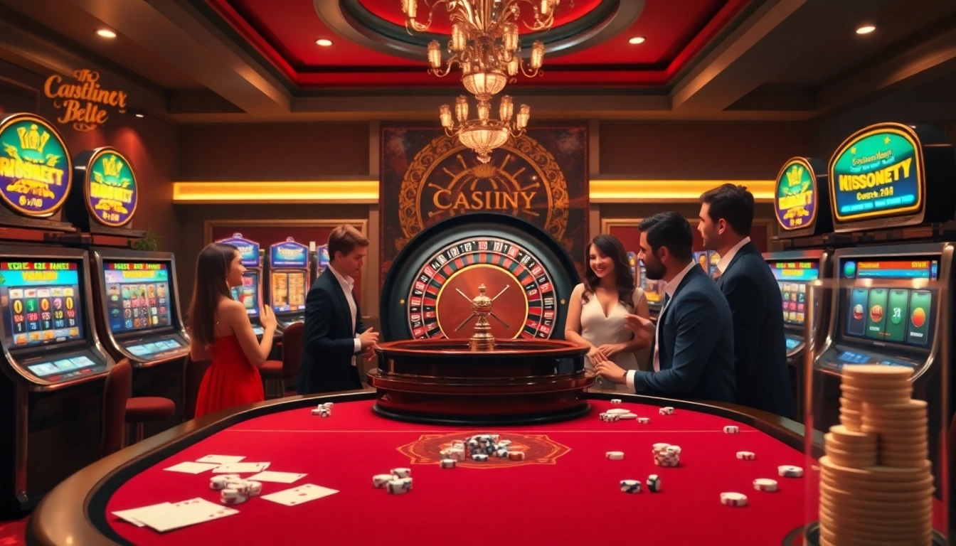 Experience the excitement of gambling at https://king88b.us.com/ with a vibrant casino scene showcasing roulette and poker.