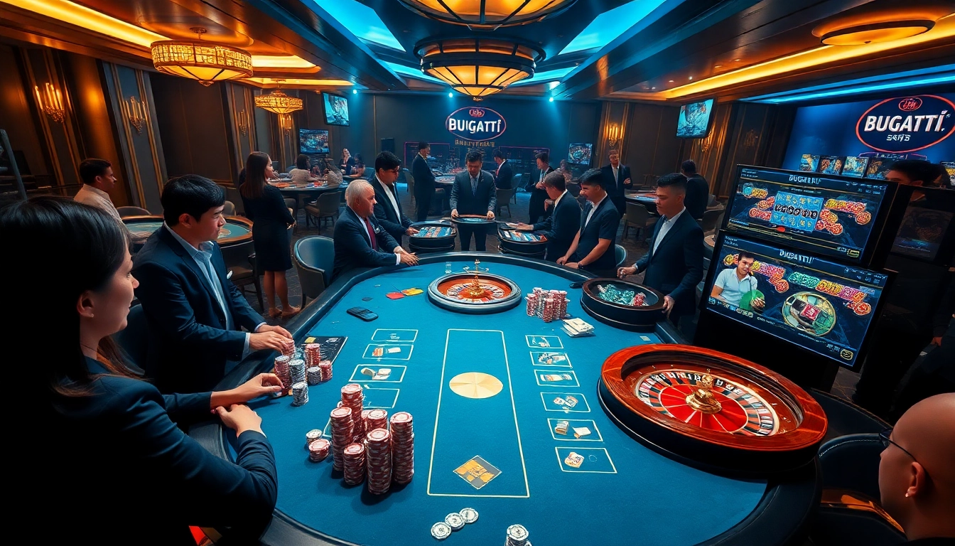 Players enjoying high-stakes poker and roulette at a glamorous Bugatti8 casino table.