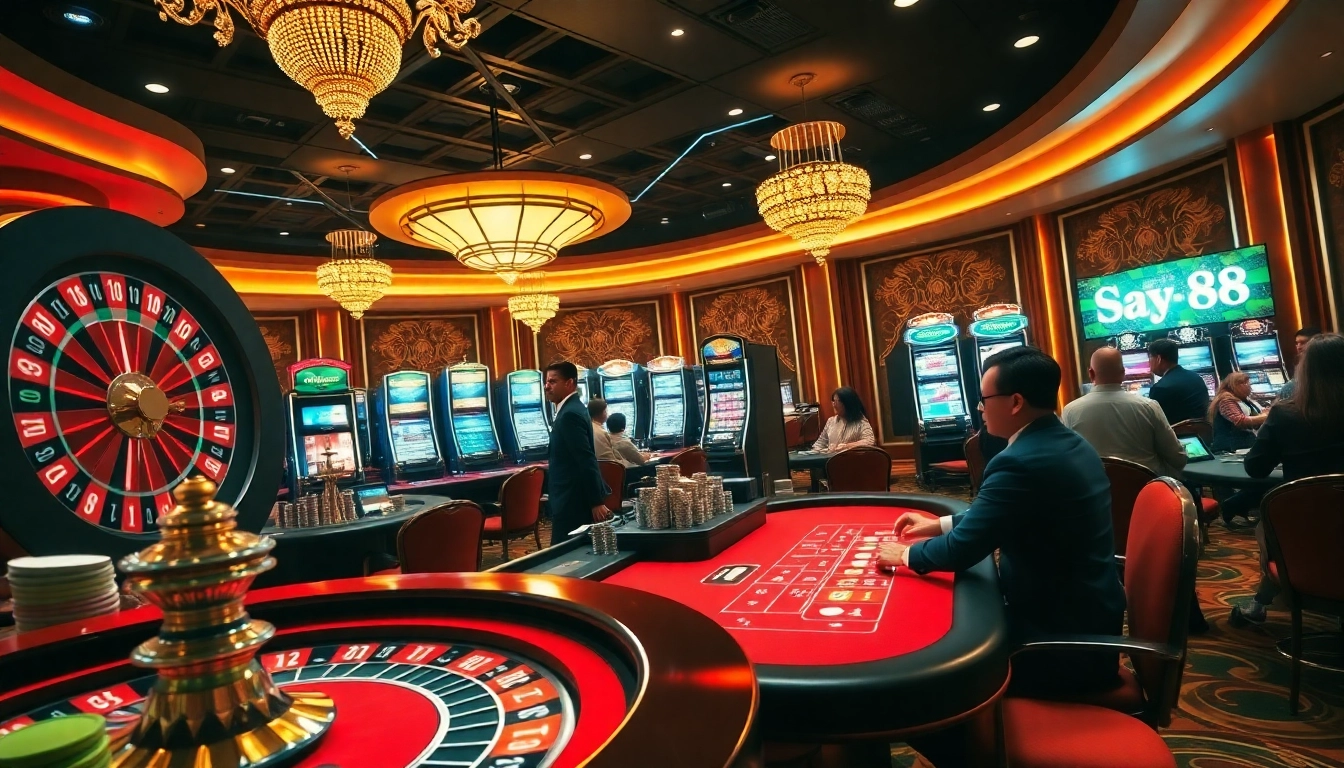 Players enjoy high-stakes gambling at Say 88 with glowing slot machines and roulette wheel