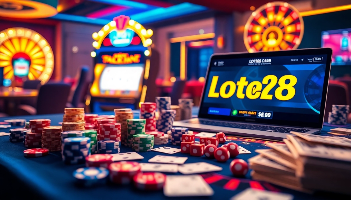 Loto188.gb.net offers a thrilling online casino experience with vibrant poker chips and a glowing slot machine.