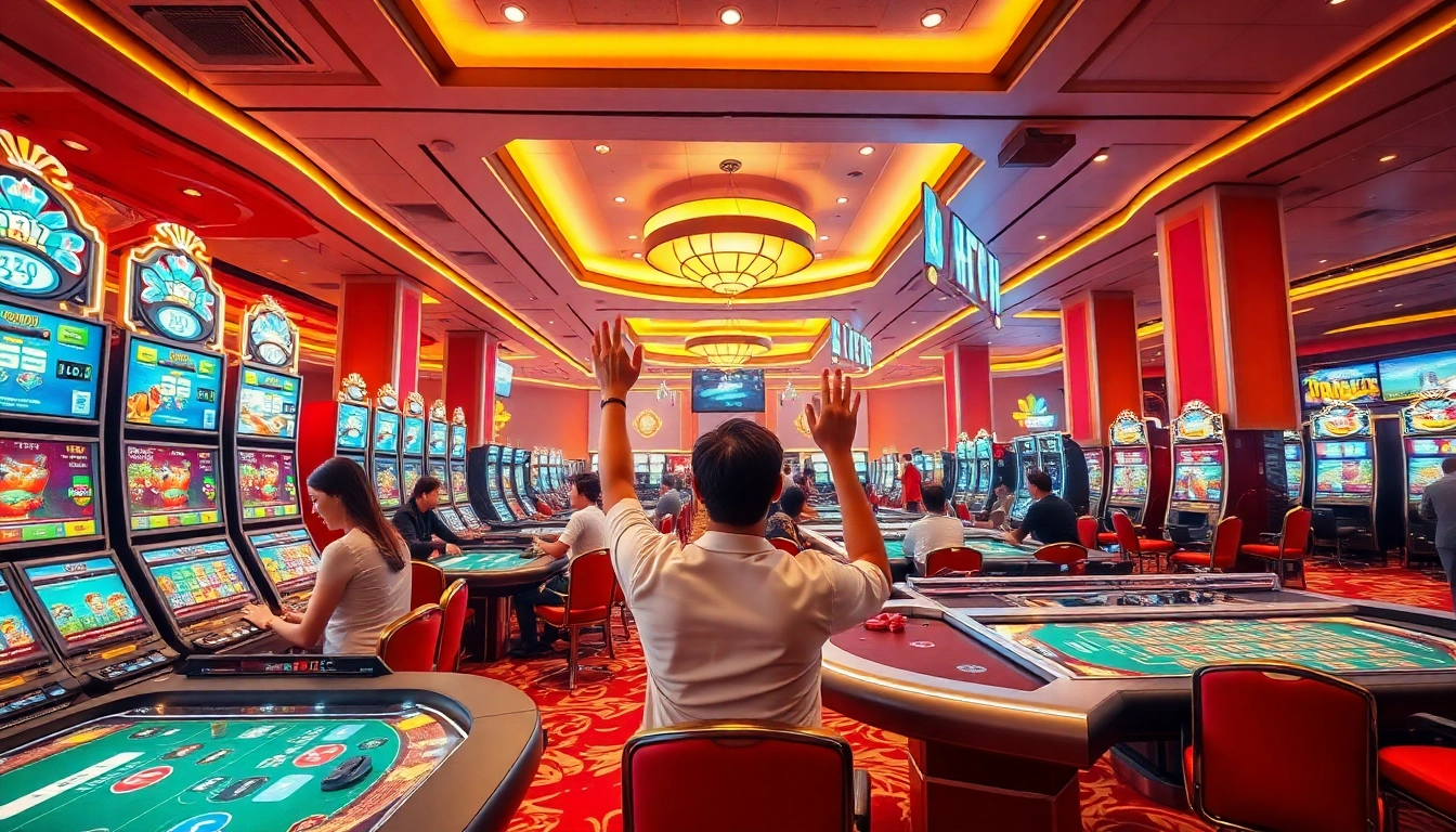 Online gaming experience at thabethome.com with vibrant casino atmosphere and excited players.