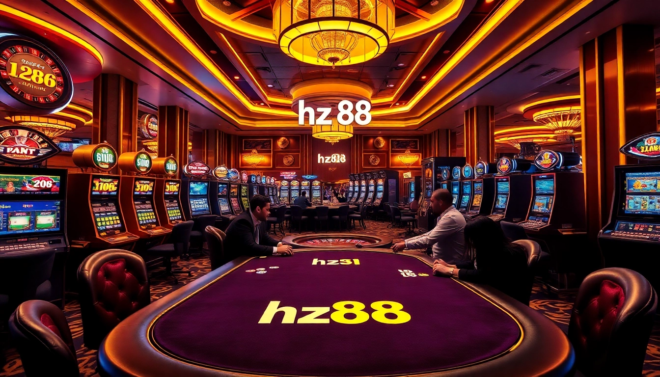Players enjoying a high-stakes poker game at HZ 88 Casino, surrounded by vibrant slot machines.