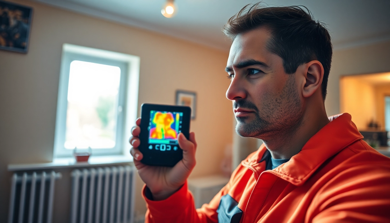 Technician performing central heating leak detection using thermal imaging equipment in a residential setting.