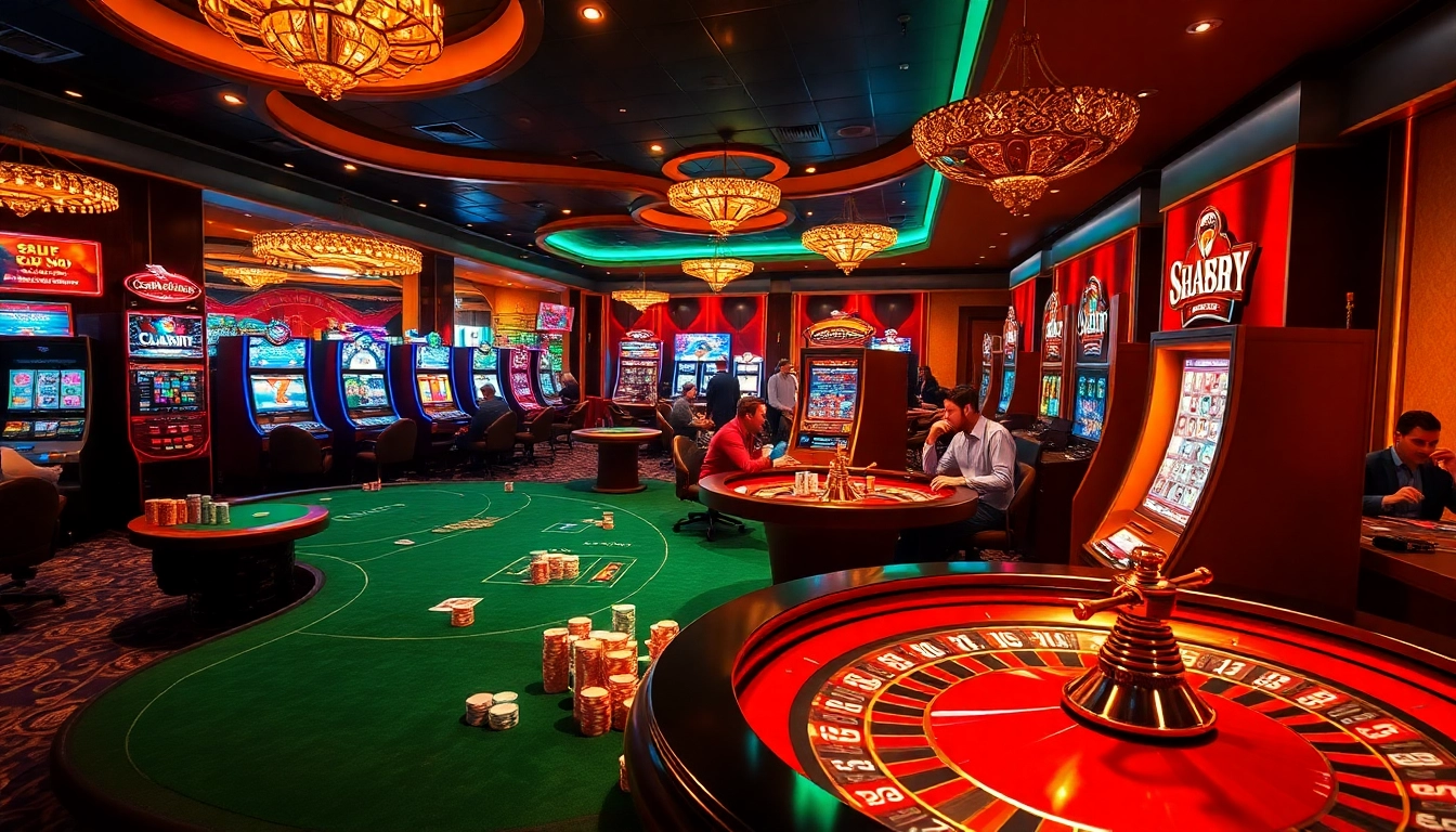 A vibrant casino scene featuring 33win with enthusiastic players at poker and roulette tables.