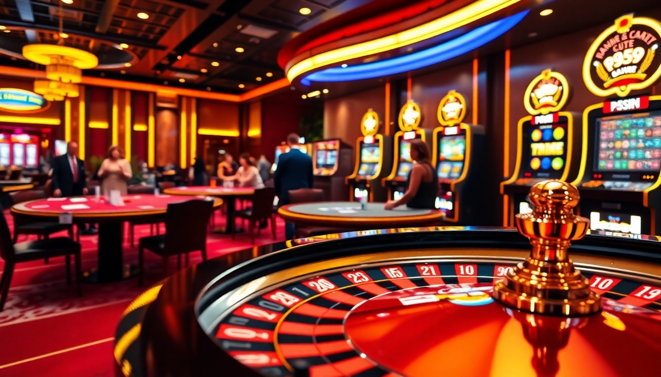 An engaging and luxurious online gambling scene on trang chủ PS99, featuring casino tables, cards, and slot machines.