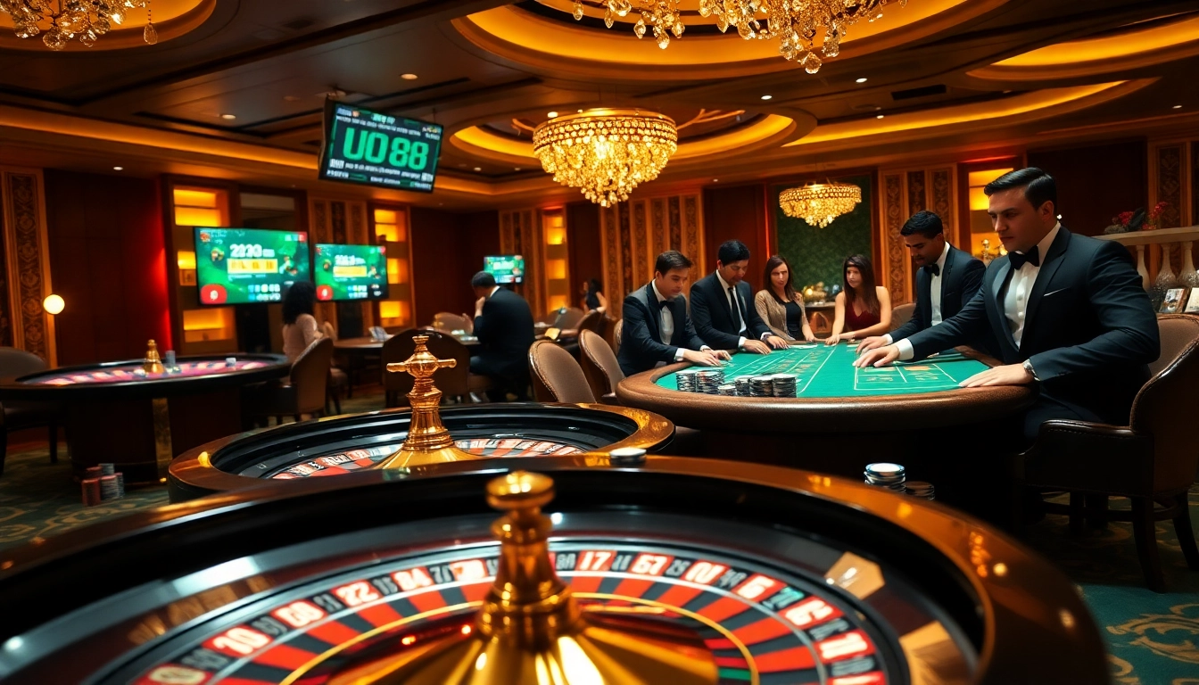 Engaging gamblers at the uu88 casino with poker chips and roulette wheel in luxurious atmosphere.