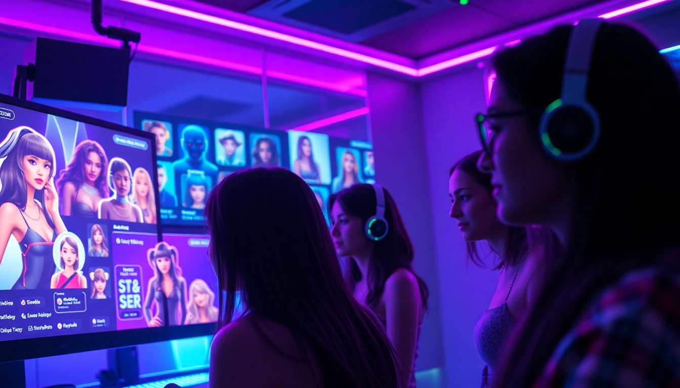 Interactive scene showcasing users engaging with NSFW AI chatbots in a vibrant virtual chat room.