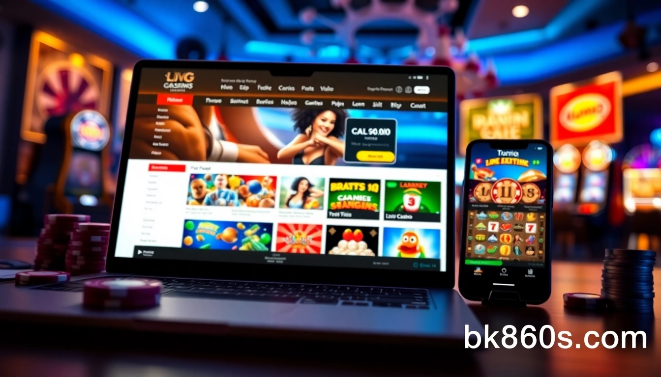 Dynamic online gambling scene showcasing bk860s.com with vibrant games and secure interfaces.