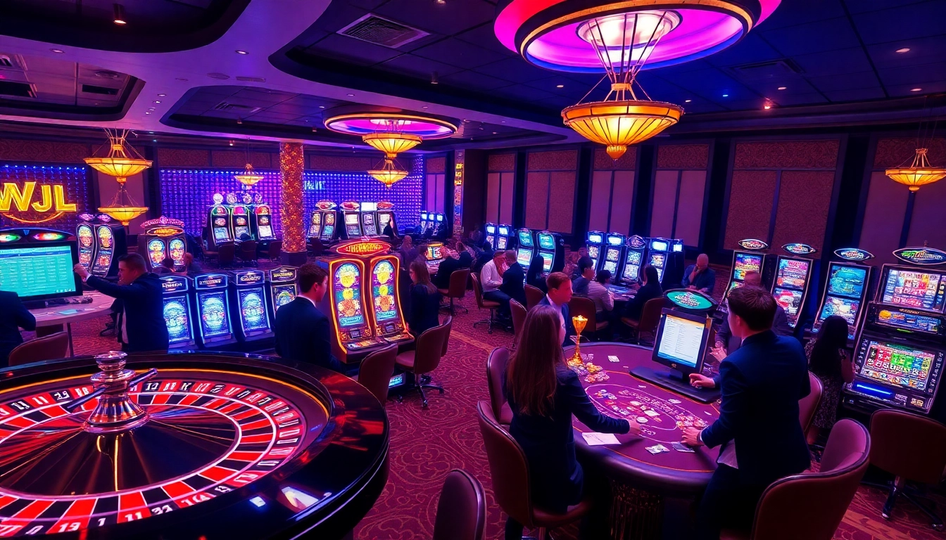 VVJL casino scene showcasing exciting gaming activities with players at the roulette wheel and poker tables.