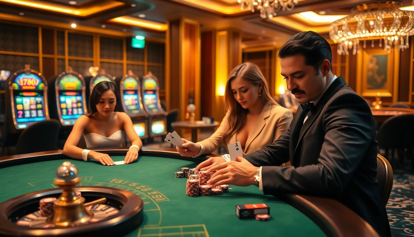 Players engage in high-stakes poker at BL555 casino, surrounded by glamorous slot machines and roulette.