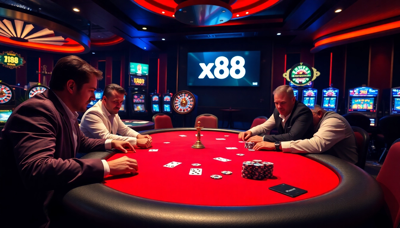 Players strategize over x88 poker chips at a lively casino table.