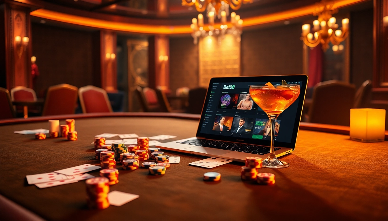 Players engaging in a thrilling game at Bet88's luxurious casino table with cards and chips.