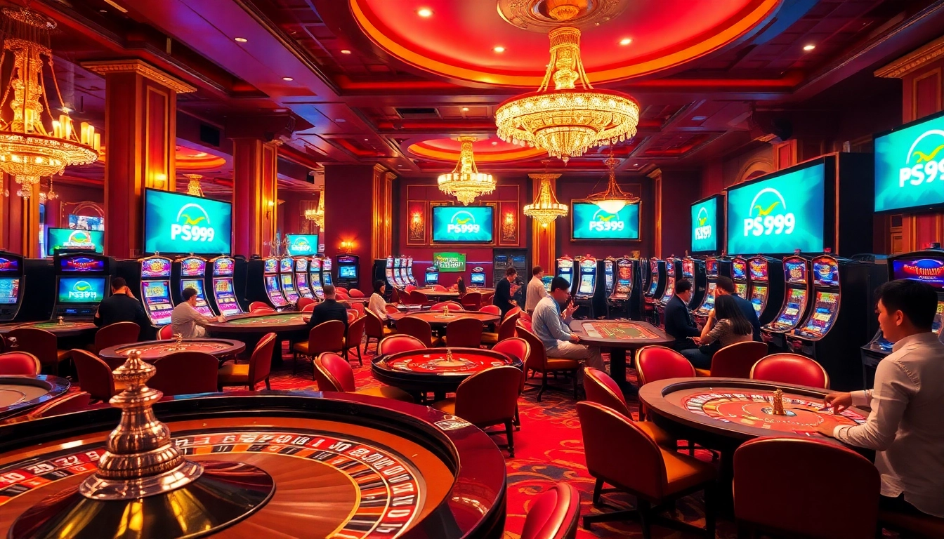 Experience the luxury of the casino scene featuring trang chủ PS99 with vibrant slot machines and roulette tables.