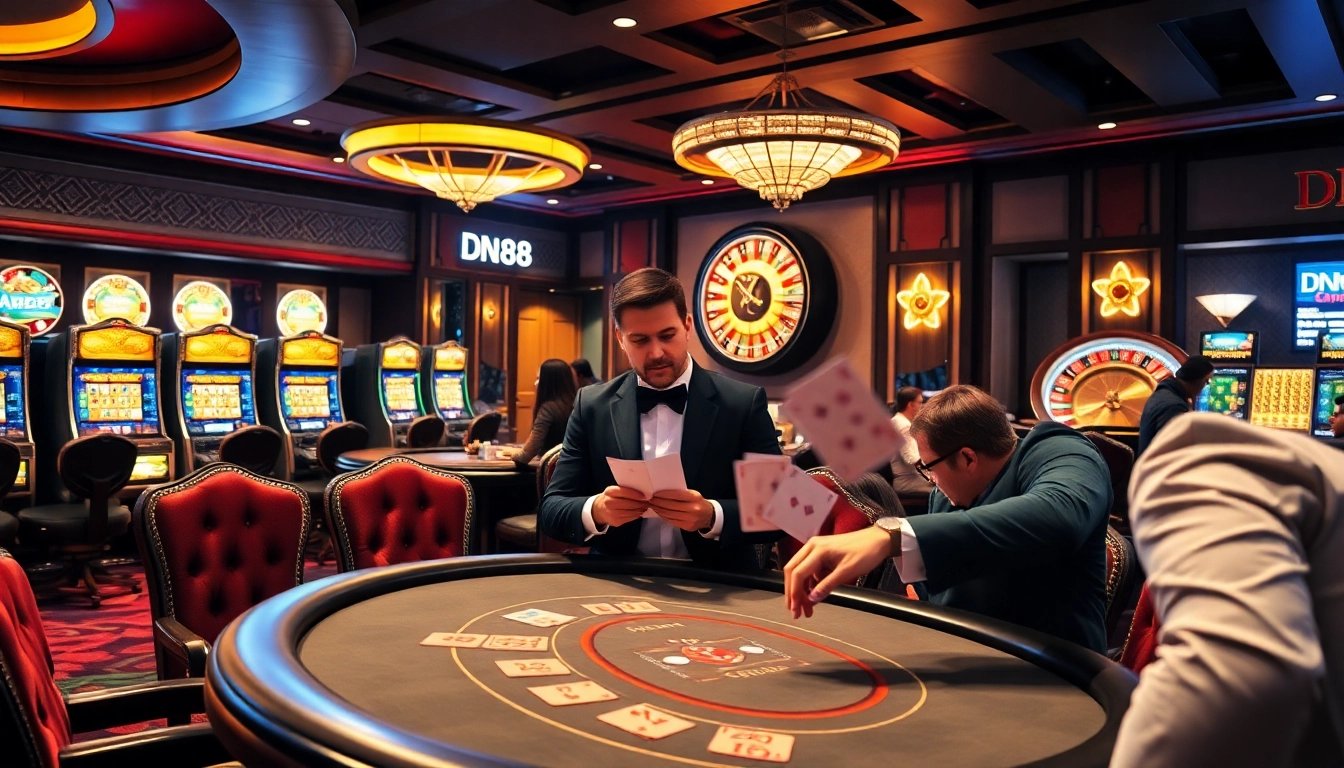 Experience the excitement of dn88 bet at a luxury casino table with players and a dealer.