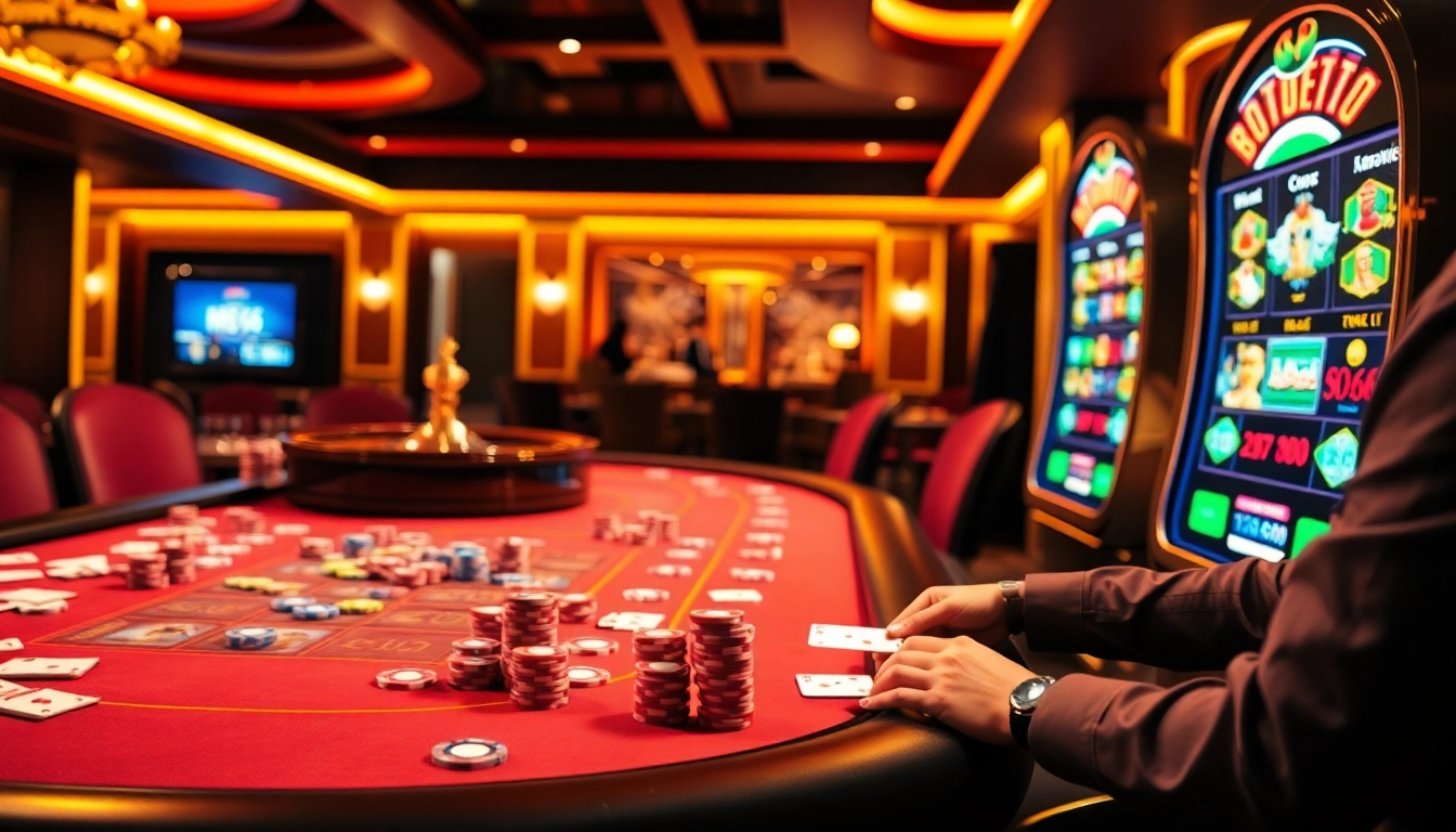 Experience thrilling gameplay at mb66.nyc with vibrant casino tables, poker chips, and a roulette wheel.
