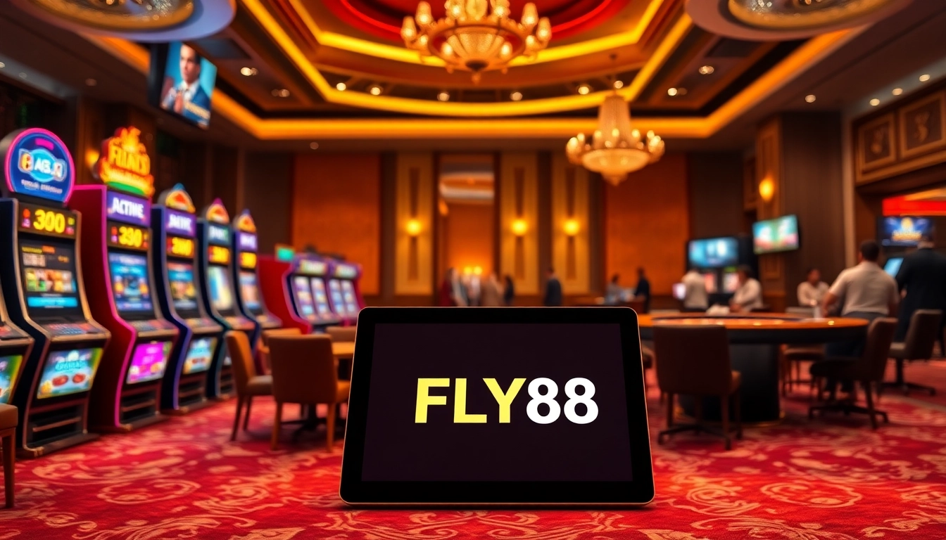 Enjoying a thrilling game at a casino with FLY88 link showcased on a tablet.
