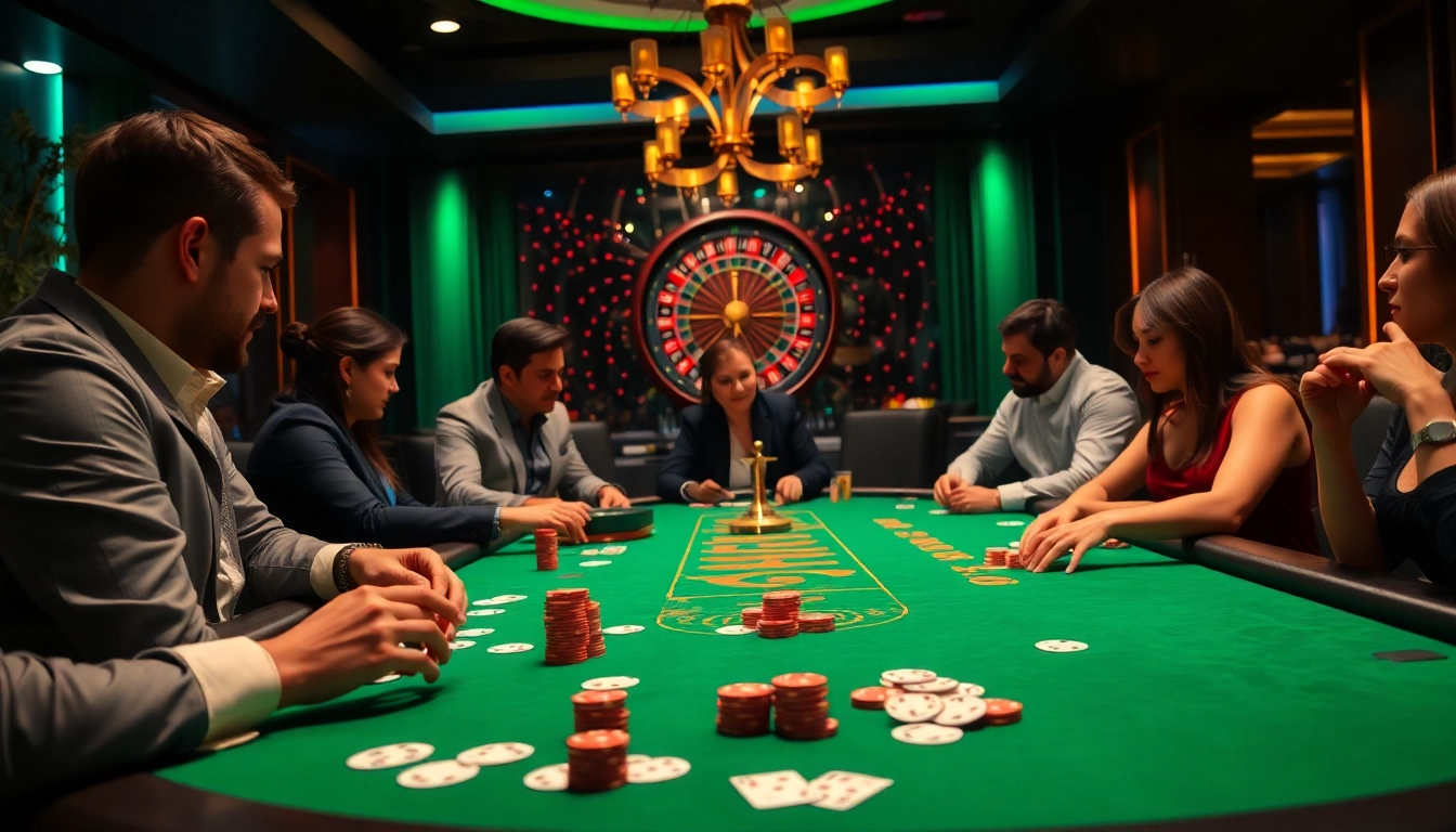 Players enjoying an MK8 poker game at a luxurious casino table, showcasing vibrant gambling excitement.