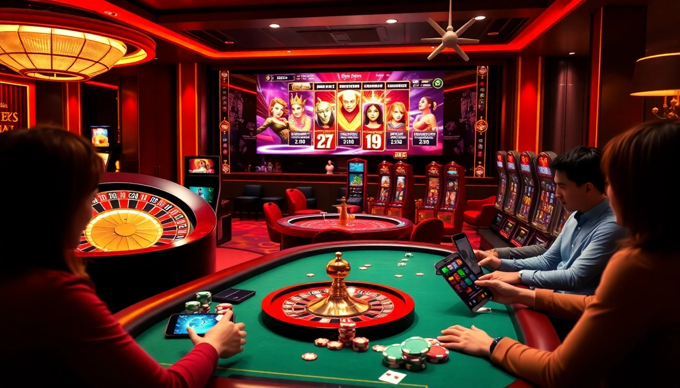 Experience the thrill of gaming at nhà cái 566 with vibrant casino elements, including poker and slots.