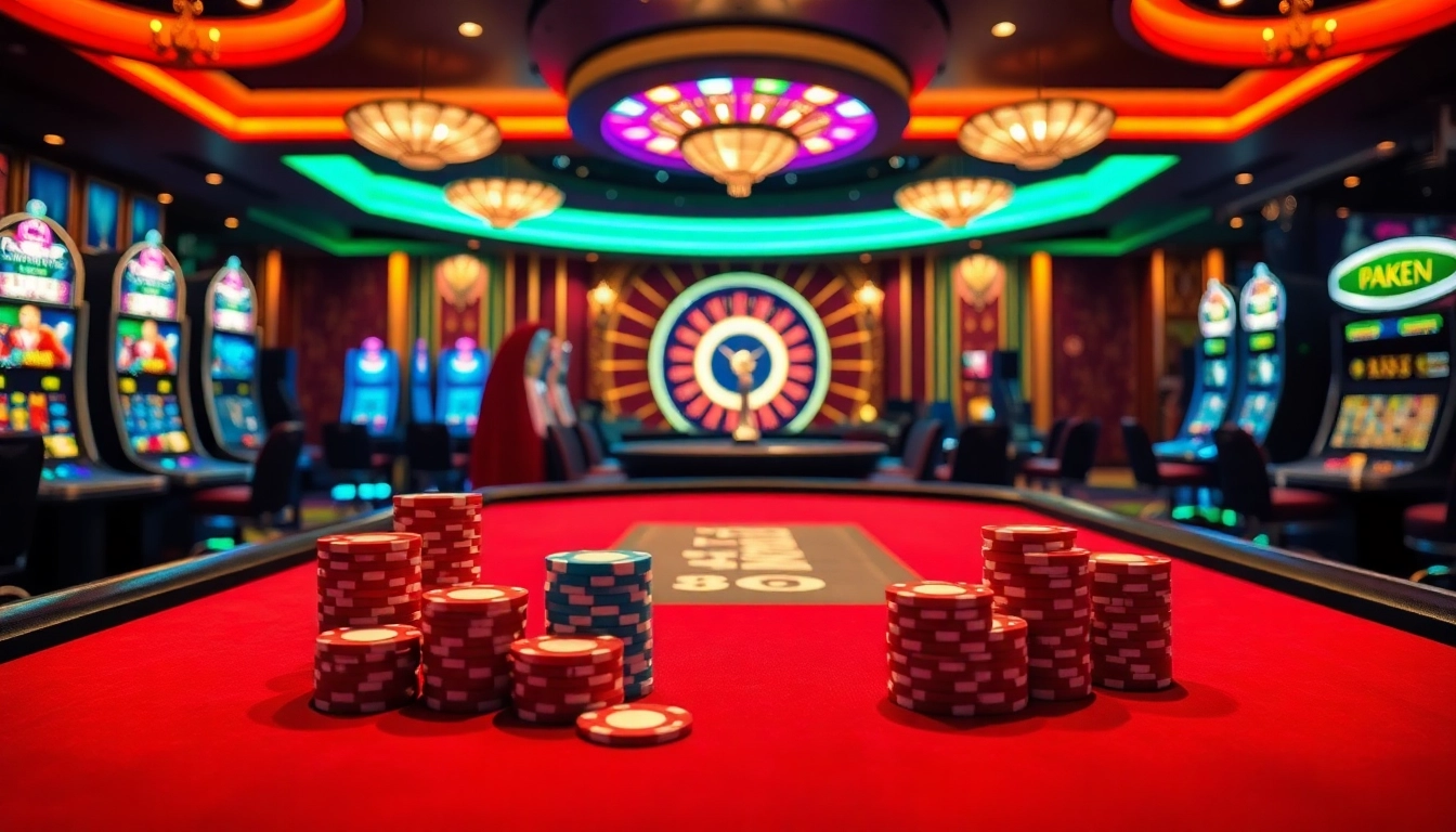 Gamble thrillingly at https://13win.vegas/ inside a luxurious casino with poker tables and vibrant slot machines.