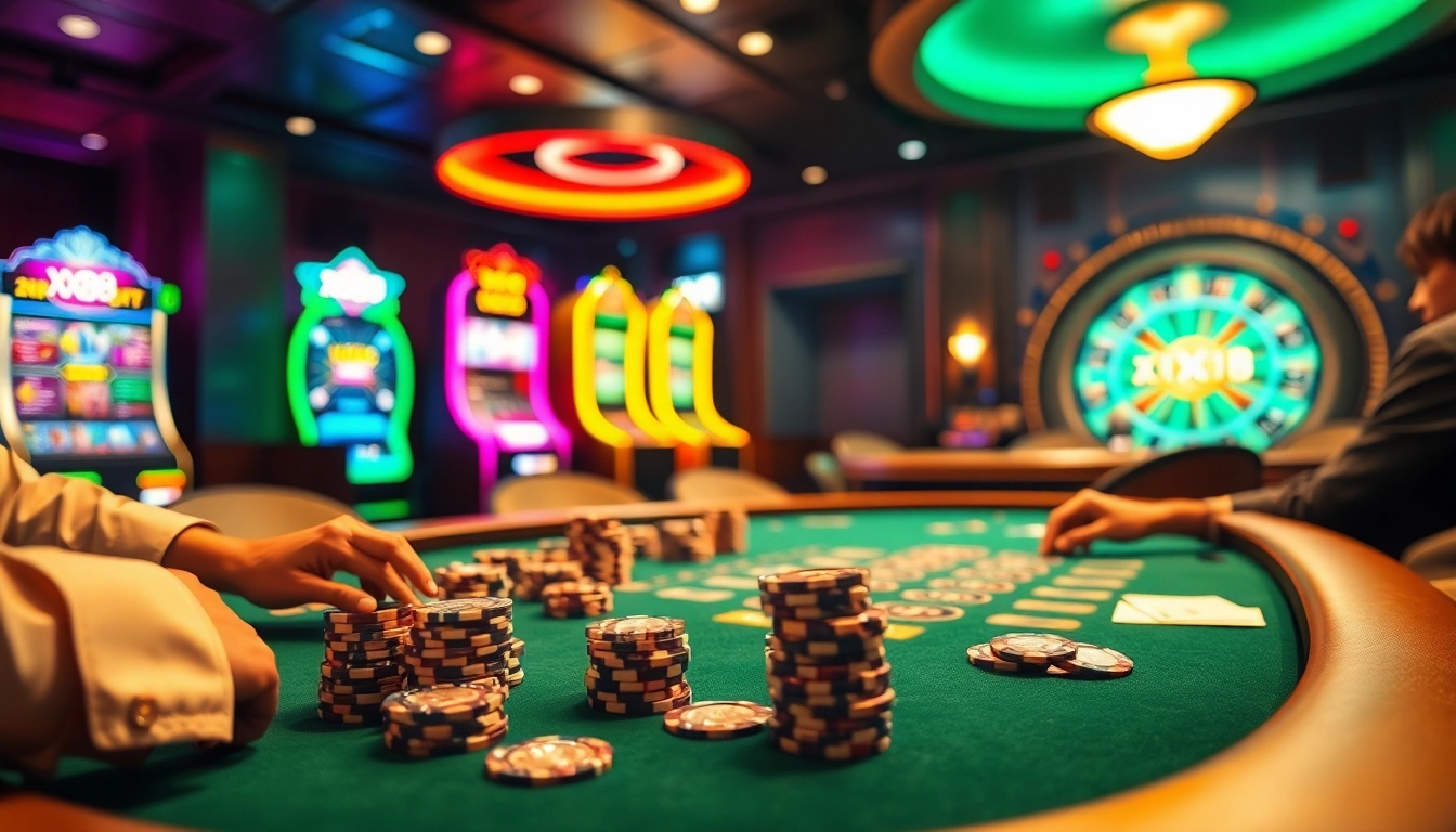 Players engaging in intense poker at an upscale casino featuring the vibrant theme of XX88.