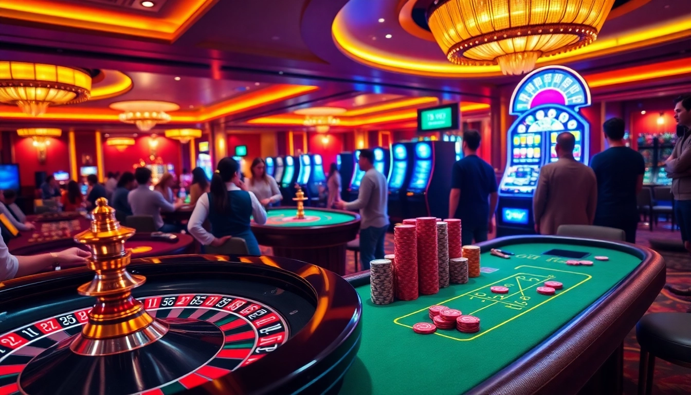 Players enjoying exciting casino games at 13win, featuring vibrant tables and dynamic atmosphere.