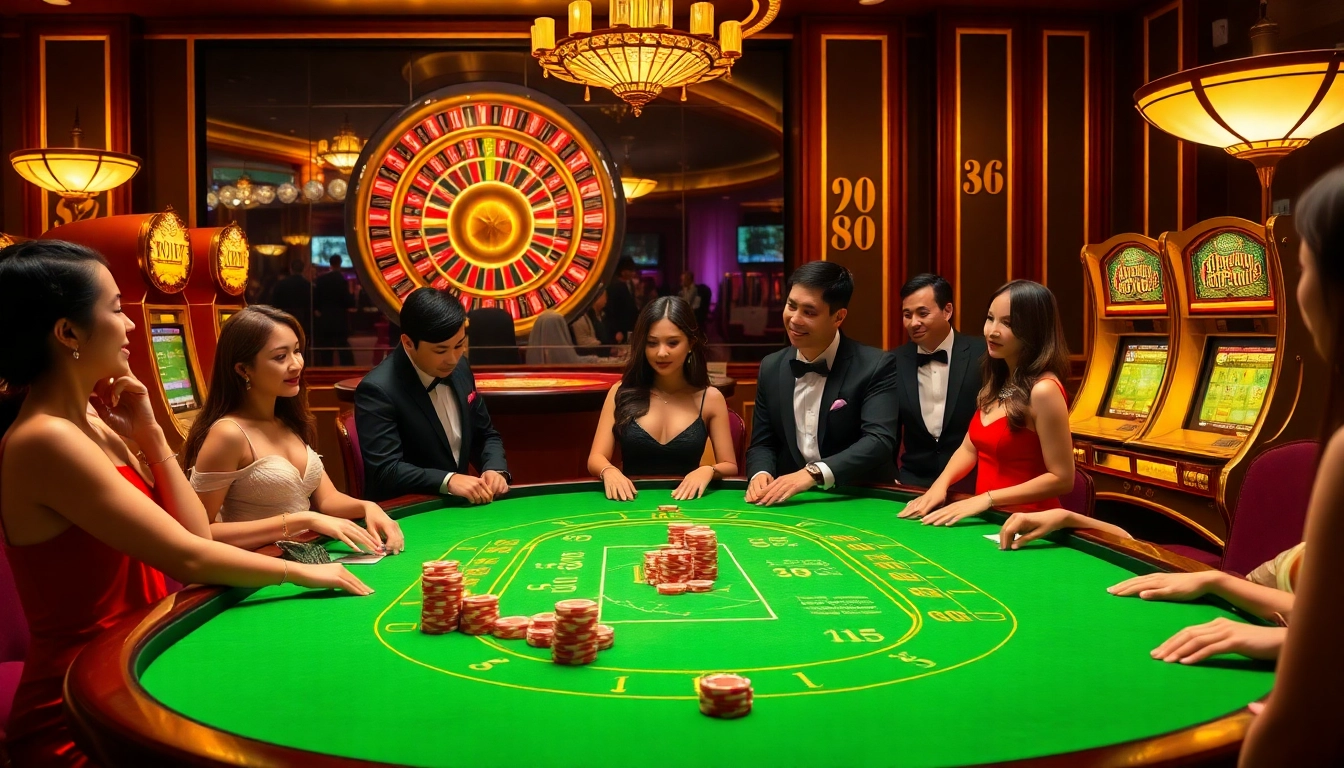 Experience the thrill of kp88 bet as players engage at an elegant casino table filled with vibrant chips and a spinning roulette wheel.