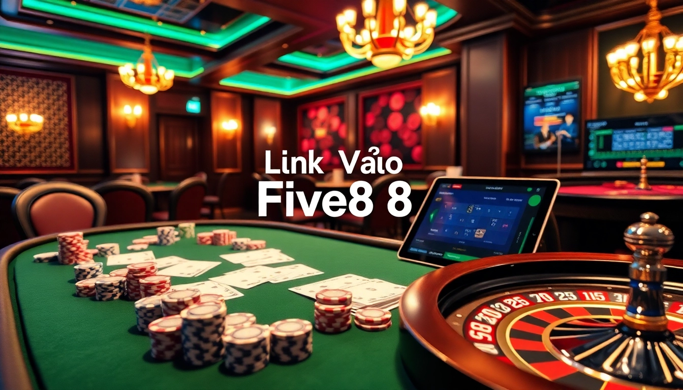 Exciting betting action at the casino, with Link vào Five88 displayed prominently through vibrant gaming elements.
