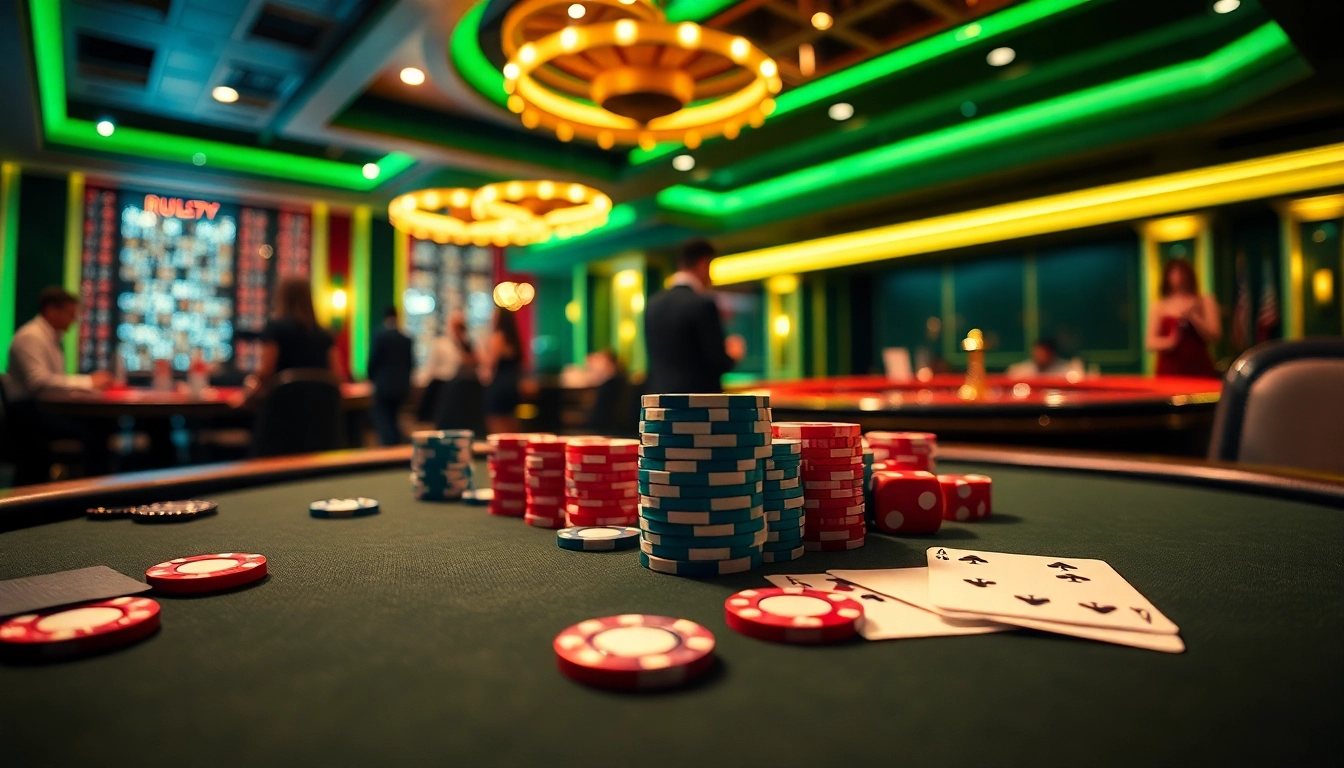 Experience the excitement of fun79 bet at a luxurious casino poker table with high-stakes chips and professional ambiance.