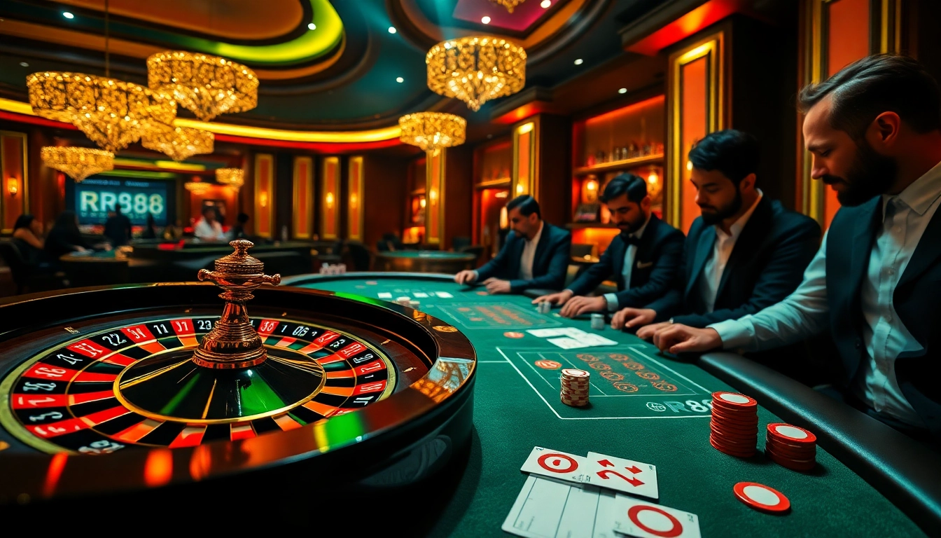 Experience the excitement of gambling at RR88 with vibrant tables, chips, and professional players.