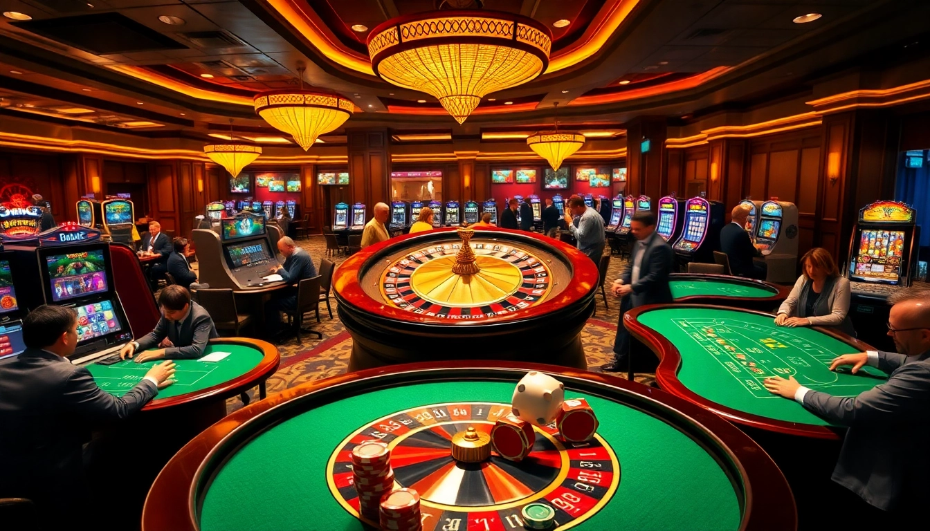 Engage in the thrilling atmosphere of link DF999 at a luxurious casino with vibrant tables and slot machines.