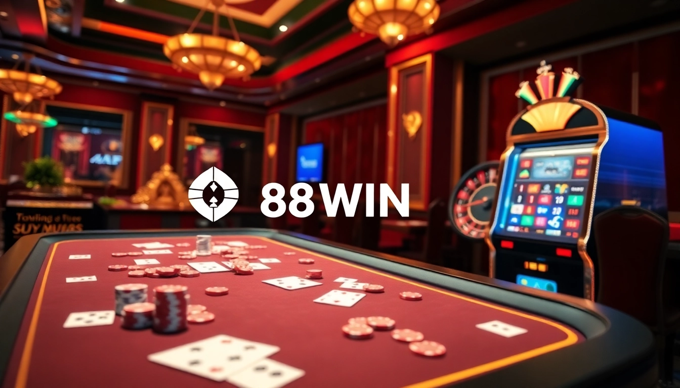 Experience the thrilling online casino vibe at 68WIN with a digital poker table and roulette wheel.