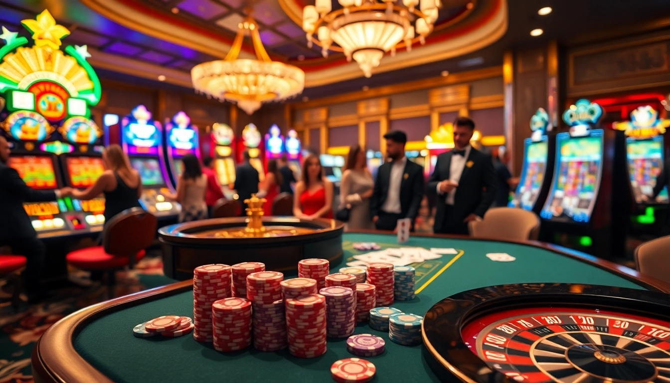 Engaging scene at NK88 casino with vibrant tables and players enjoying poker and roulette.