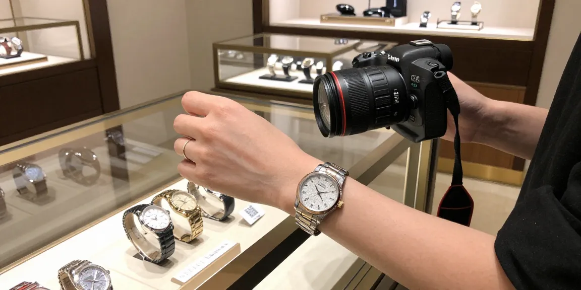 Stylish individual wearing clone watches in an upscale boutique, showcasing luxurious timepieces.