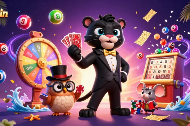 Experience exciting game features at Sunwin with a stylish panther dealer, vibrant lottery elements, and engaging characters.