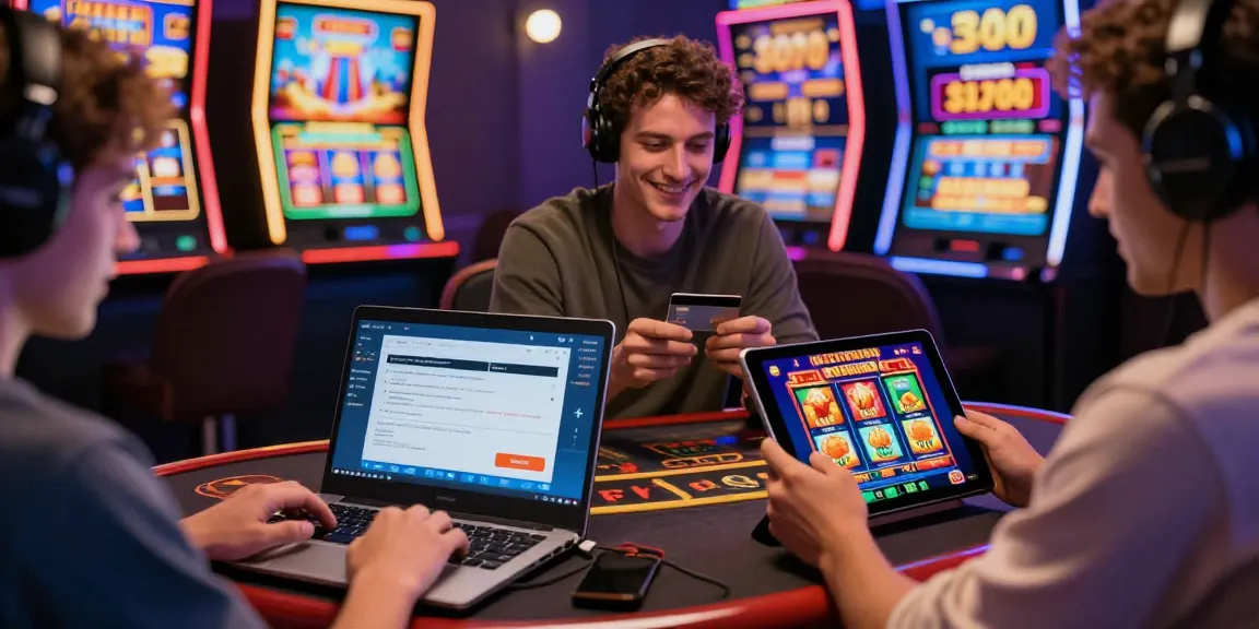 Players engaging with credit card casinos UK on various devices, showcasing thrilling online gaming and bonuses.