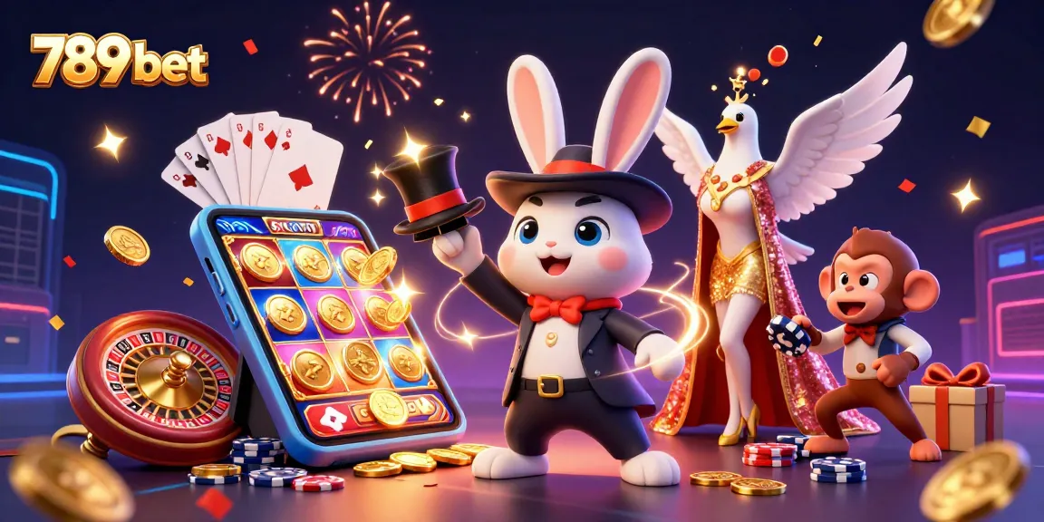 Win big with 789 bet as the magician rabbit reveals golden coins amidst vibrant casino games and excitement.