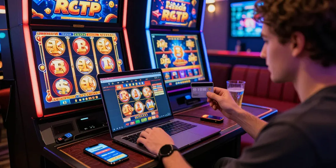 Exciting scene of a player enjoying casinos that accept credit cards while spinning a high RTP slot on a laptop in a vibrant gaming nook.