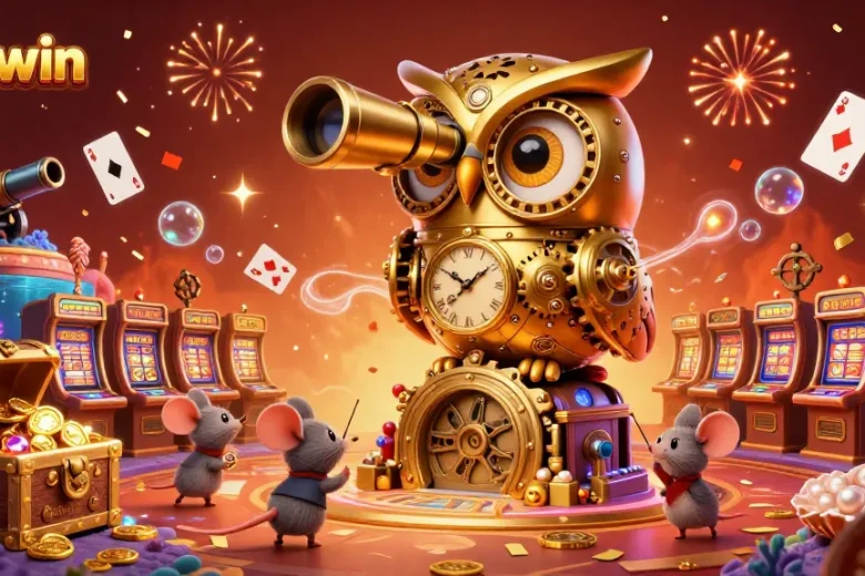 Experience the thrill of winning with 555win's immersive casino scene featuring a golden owl and treasure.