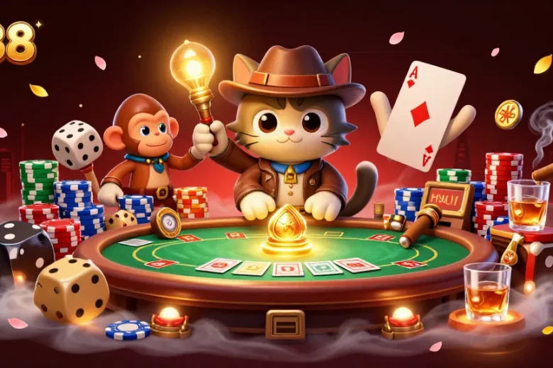 Experience thrilling wins with rr88 at the vibrant casino scene featuring an adventurous cat and monkey.