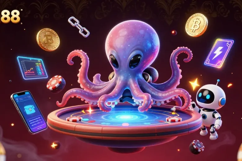 Experience mm88's thrilling gaming universe with an alien octopus and crypto elements.